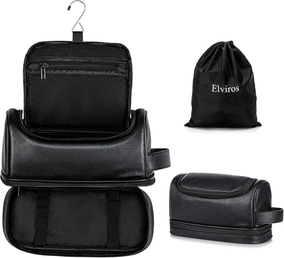 Elviros Toiletry Bag for Mens PU Leather Travel Organizer Kit with Hanging hook, Large Water-resistant Toiletries Bathroom Shaving Bags(Extra Large, Black)