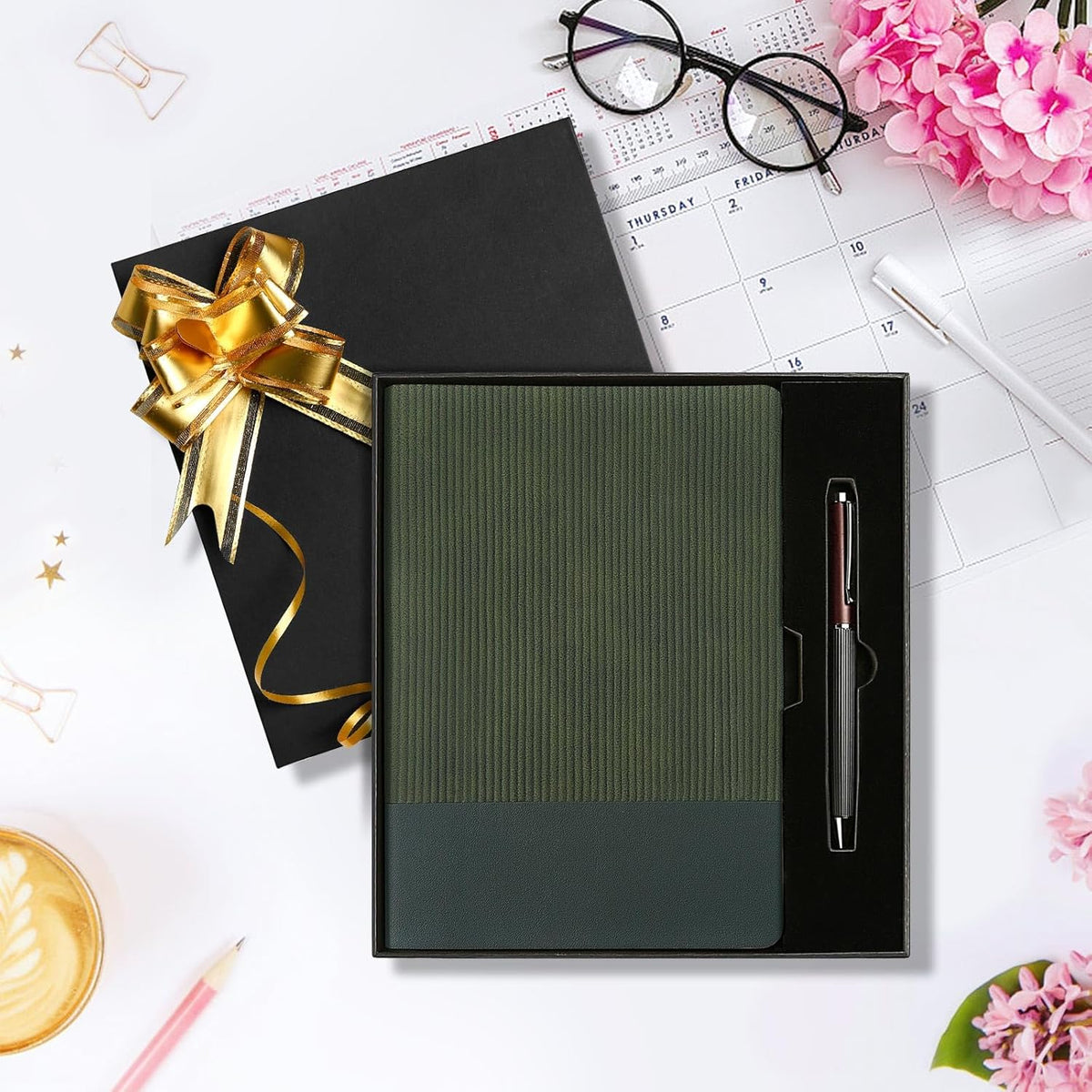 TSFPapier A5 Lined Notebook with Pen & Gift Box 216 Pages PU Leather Journal for Women Men 100GSM Thick Paper College Ruled Notebook for School,Travel,Business,Work,Home Writing (A5 Lined 216pages, Dark Green - Gift Box Set)