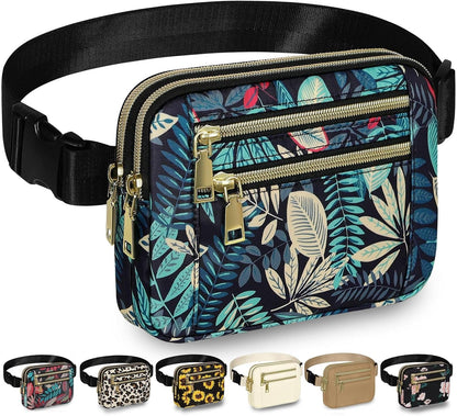 Capolo Fanny Packs for Women Fashion Waist Packs Bag with Adjustable Strap and 4 Zipper Pockets Waterproof Everywhere Crossbody Belt Bag for Workout Running Travelling(Blue Leaves)