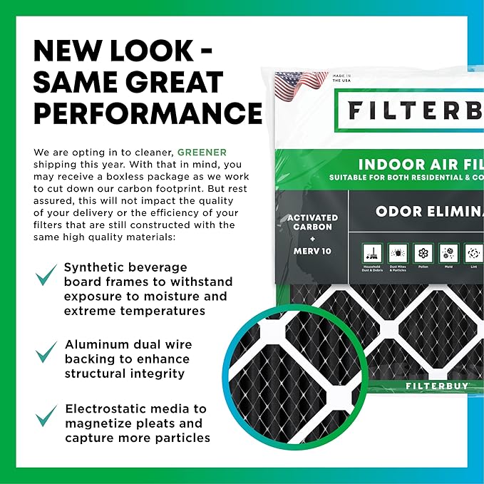 Filterbuy 20x25x1 Air Filter MERV 10 Odor & Allergy Defense with Activated Carbon (12-Pack), Electrostatic Pleated HVAC AC Furnace Filters Replacement, Made in USA (Actual Size: 19.50 x 24.50 x 0.75)