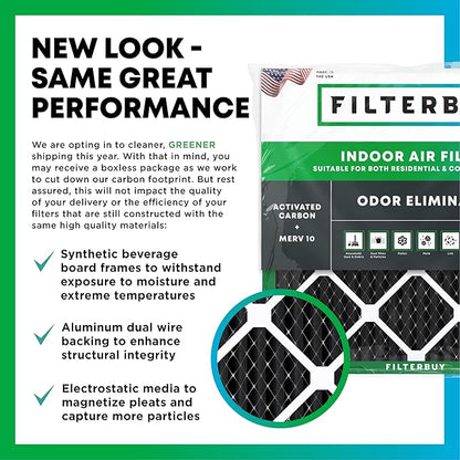 Filterbuy 20x25x1 Air Filter MERV 10 Odor & Allergy Defense with Activated Carbon (12-Pack), Electrostatic Pleated HVAC AC Furnace Filters Replacement, Made in USA (Actual Size: 19.50 x 24.50 x 0.75)
