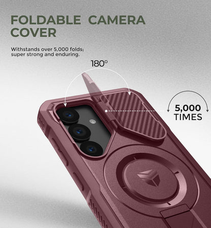 Dexnor for Samsung Galaxy S25 Case with Camera Cover & Adjustable Kickstand & Built-in Screen Protector, Magnetic Rugged Shockproof Bumper Cases Heavy-Duty Magnetic Protective Cover (2025),Maroon Red