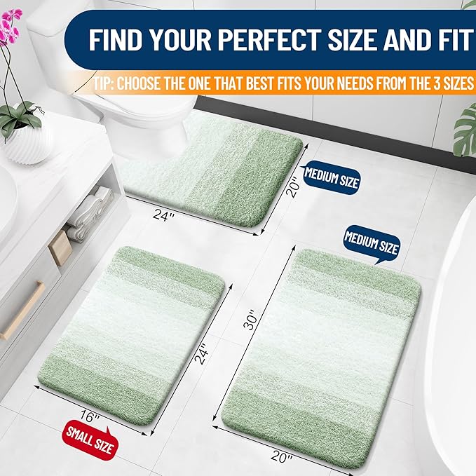 OLANLY Luxury Toilet Rugs U-Shaped 24x20, Extra Soft and Absorbent Microfiber Bathroom Rugs, Non-Slip Plush Shaggy Bath Mat, Machine Wash Dry, Contour Bathroom Mats for Toilet Base, Sage Green