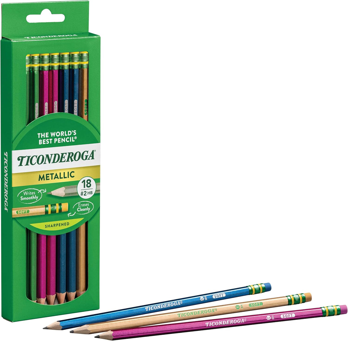 Ticonderoga Wood-Cased Pencils, Pre-Sharpened, #2 HB Soft, Metallic Colors, 18 Count
