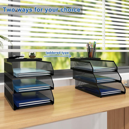 Natwind 3-Tier Desk Organizer,Desk Accessories, Stackable Paper Tray, Metal Mesh Desktop Organizer, Paper Sorter, Letter Trays,File Document Storage Rack for for Home, Office, School (Black)