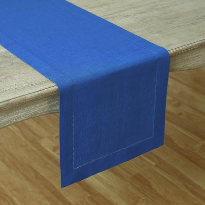 Solino Home Linen Royal Blue Table Runner 48 Inches - Classic Hemstitch, 100% Pure Linen Coffee Table Runner 14 x 48 Inch Ideal for Dresser Tables, Christmas, New Year