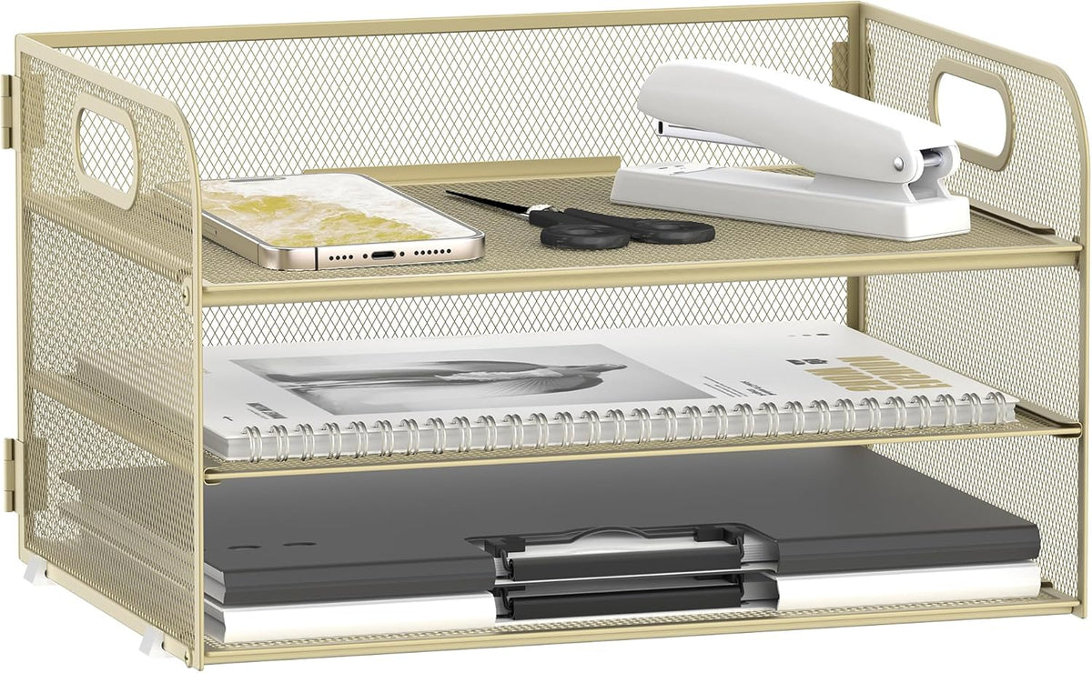 Daltack 3-Tier Paper Organizer with Handle, Mesh Desk Organizer Letter Tray, Paper Tray Organizer File Organizer for A4 File Folder, Golden Yellow