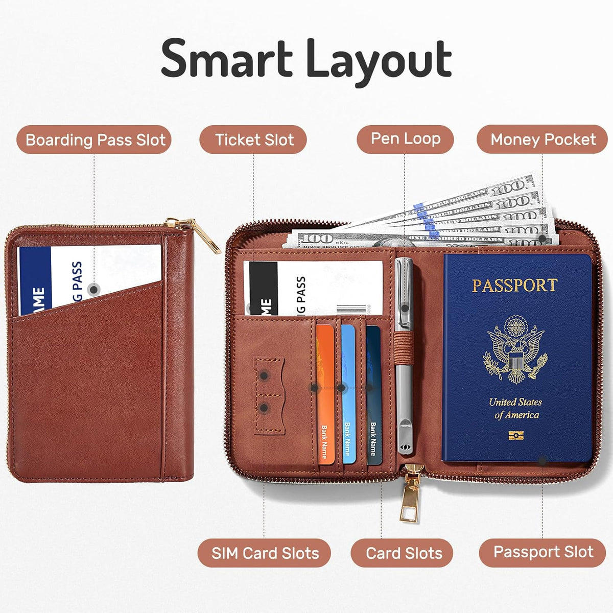 Forvencer Passport Holder Cover with Safe Zipper Closure, Premium Passport Wallet for Travel, Sleek RFID Blocking Card Case, Waterproof Travel Accessories for Men, Brown