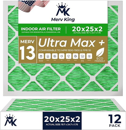 MervKing 20x25x2 Air Filter Actual Size: 19.7" x 24.7" x 1.75" MERV 13 MPR 1500-1900 | MADE IN USA | 12-Pack | Pleated HVAC AC Furnace Replacement