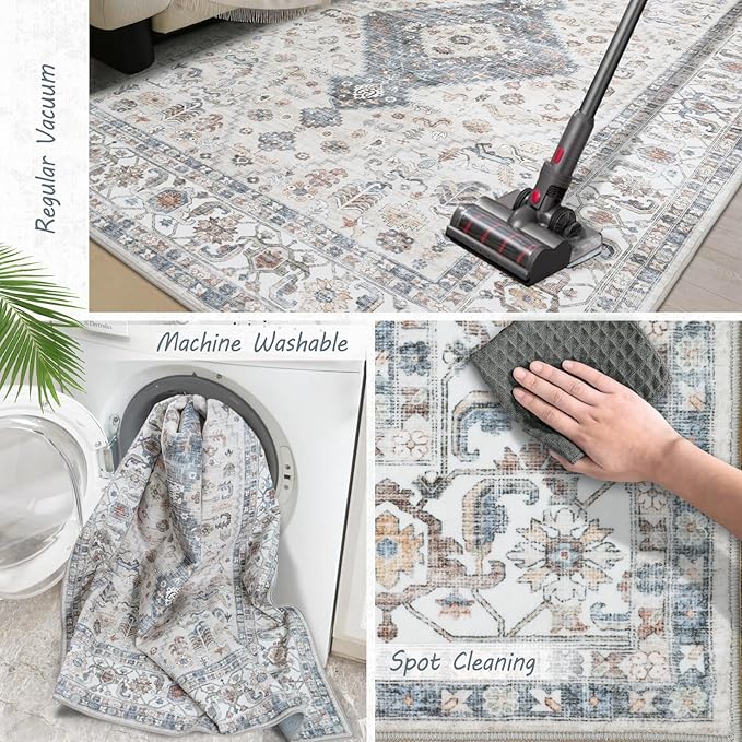 Washable Vintage Area Rug 8x10 - Large Soft Traditional Farmhouse Ultra-Thin Rug for Living Room, Bedroom, Dining Room and Home Office - Distressed Oriental Reto Indoor Floor Carpet Rug…