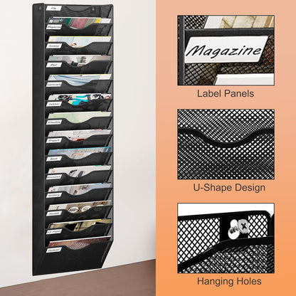 14 Tier Hanging Wall File Holder, Metal A4 Wall Mounted Document Holder, Vertical Hanging Mail Organizer, Magazine Storage Rack with Tray for Office Home Classroom, Black