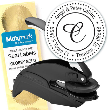 Custom Monogram Address Embosser - Personalized Round Seal with 50 Gold Seal Labels - Style EM025