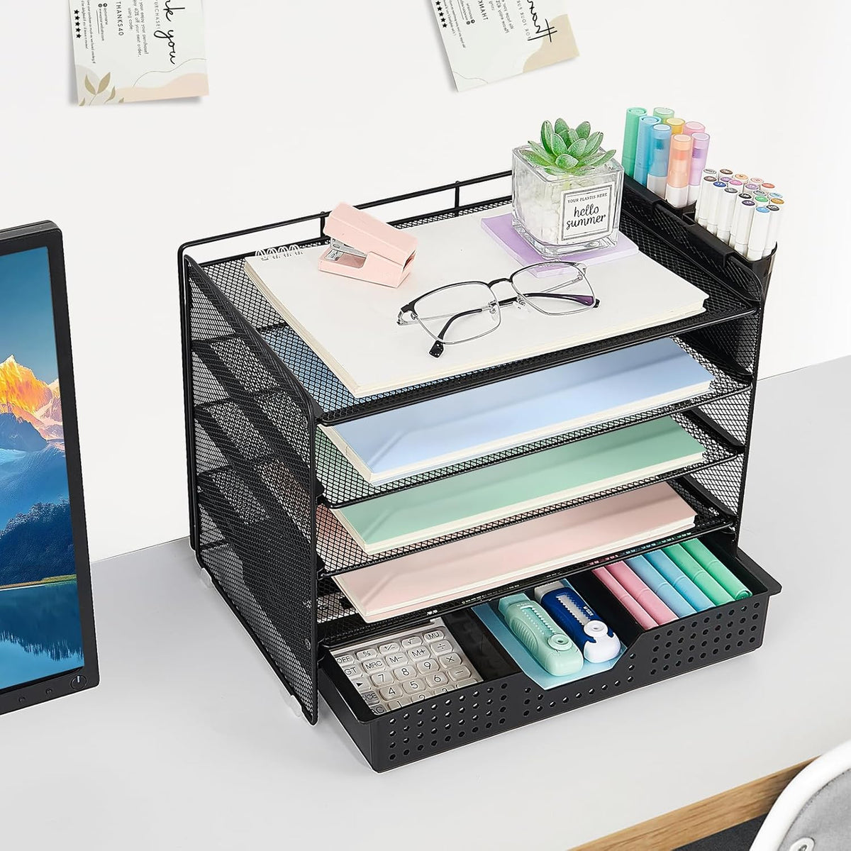 5-Tier Paper Organizer Letter Tray with Drawer & 2 Pen Holders, Desk Organizer and Accessories for Desktop File Workspace Organization, Office Desk Accessories Office Supplies Storage (Black)