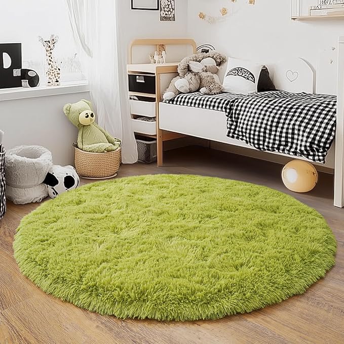 4'x4' Grass Green Round Rug for Bedroom, Ultra Soft Fluffy Circle Rug for Kids Girls Boys Room, Cute Shag Rugs for Living Room Playroom Tent Castle Home Decor Rug