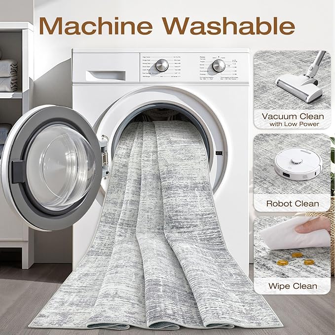 Runner Rug Non-Slip Kitchen Rug: 3x10 Washable Abstract Modern Soft Stain Resistant Indoor Floor Neutral Accent Throw Carpet for Hallway Bathroom Laundry Room Bedroom Entryway- Grey