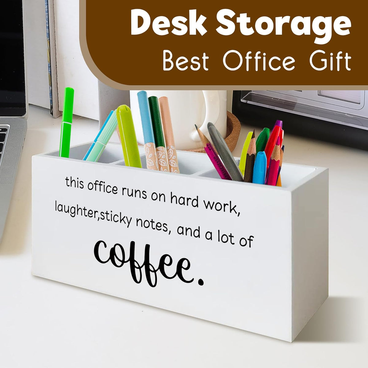 Funny Office Gifts Pen Holder for Desk, Work Humor Gifts for Coworkers Coffee Lovers, This Office Runs on Hard Work Wooden Pen Pencil Holder Organizer for Desk Accessories