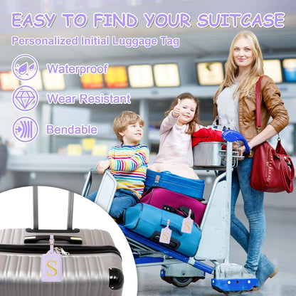 Personalized Initial Luggage Tags for Suitcases, Cute PU Leather Embroidered Letter Travel Luggage Tags, Suitcase Identifier Name Baggage Tag, Bag Tags for Men Women Kids Luggage Handbags(Purple S)