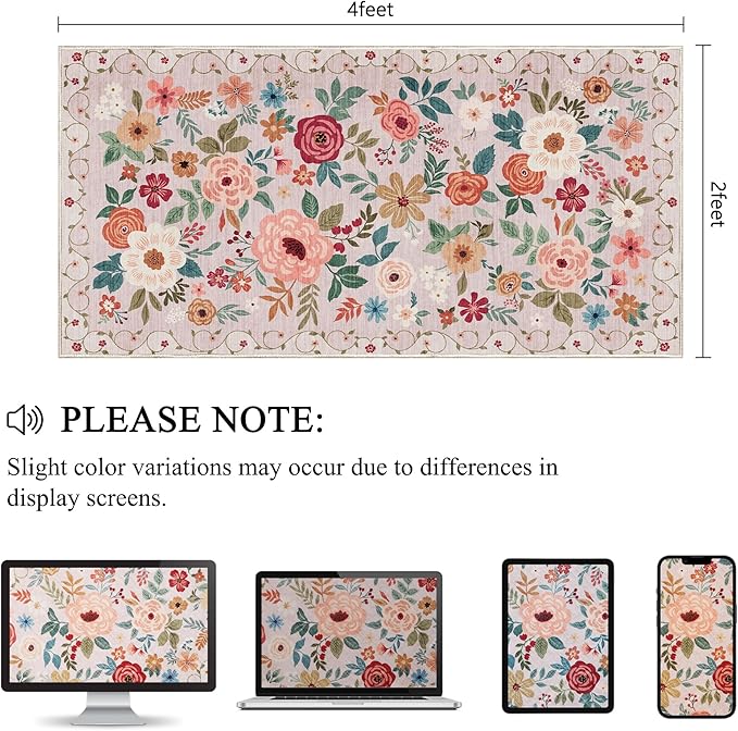 DUKINO 2x4 Rug for Entryway, Washable Kitchen Floral Runner Rug with Non Slip Backing, Low Pile Soft Boho Carpet for Kitchen, Hallway, Entryway, Laundry, Bedroom, Beige