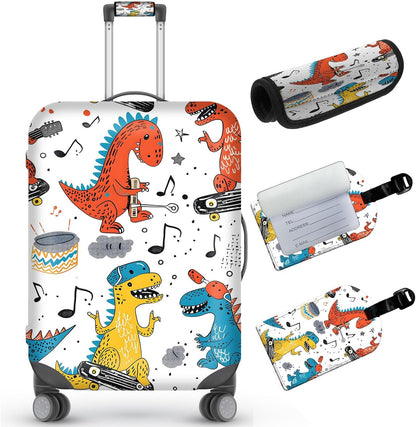 Travel Luggage Cover,Cartoon Colorful DinosaurTheme Suitcase Cover Accessory Kit, Luggage Tag, and Comfortable Luggage Handle Wrap, Washable Luggage Suitcase Protector (25-28 inch,L)