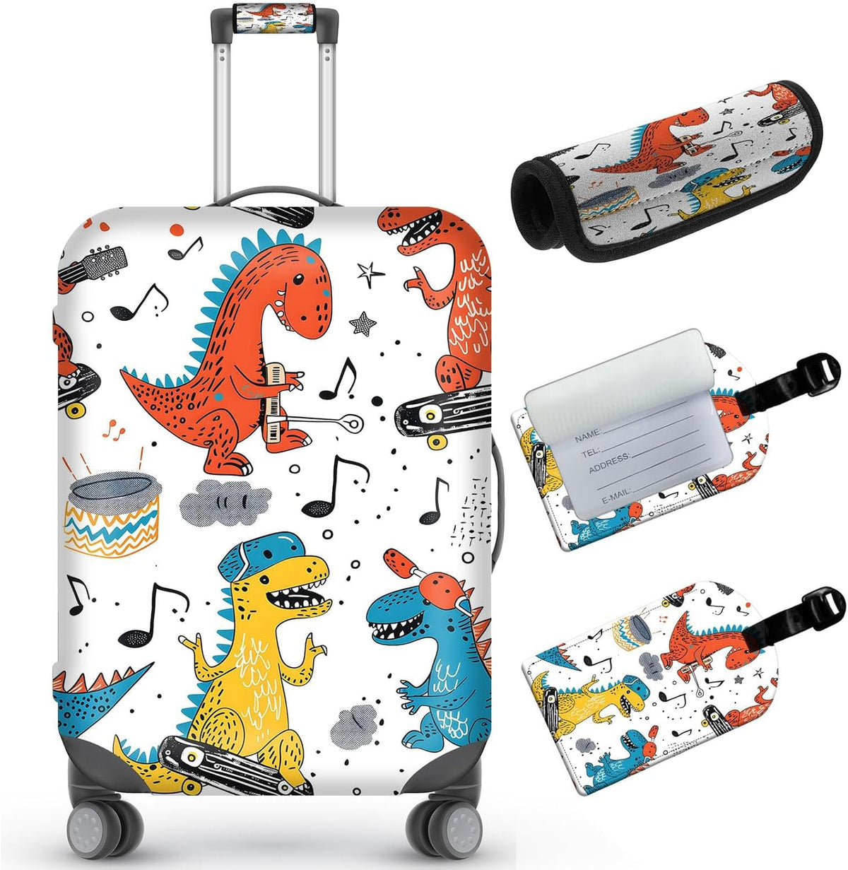 Travel Luggage Cover,Cartoon Colorful DinosaurTheme Suitcase Cover Accessory Kit, Luggage Tag, and Comfortable Luggage Handle Wrap, Washable Luggage Suitcase Protector (22-24 inch,M)