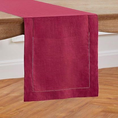 Solino Home Linen Table Runner 60 Inches - 100% Pure Linen Beet Hemstitch Table Runner 14 x 60 Inch Ideal for Dresser and Coffee Tables - Christmas, New Year, Winter - Classic Hemstitch