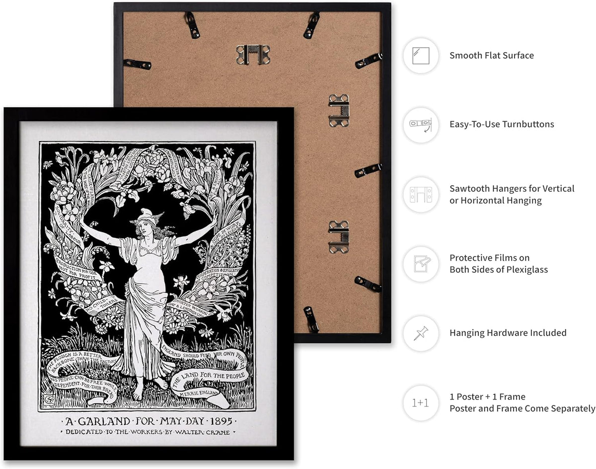 Poster Master Vintage Walter Crane Poster - Retro A Garland for May Day Print - Socialist Art - Gift for Him, Her, Men, Women - Wall Decor for Home, Office, Living Room, 11x14 Black Framed