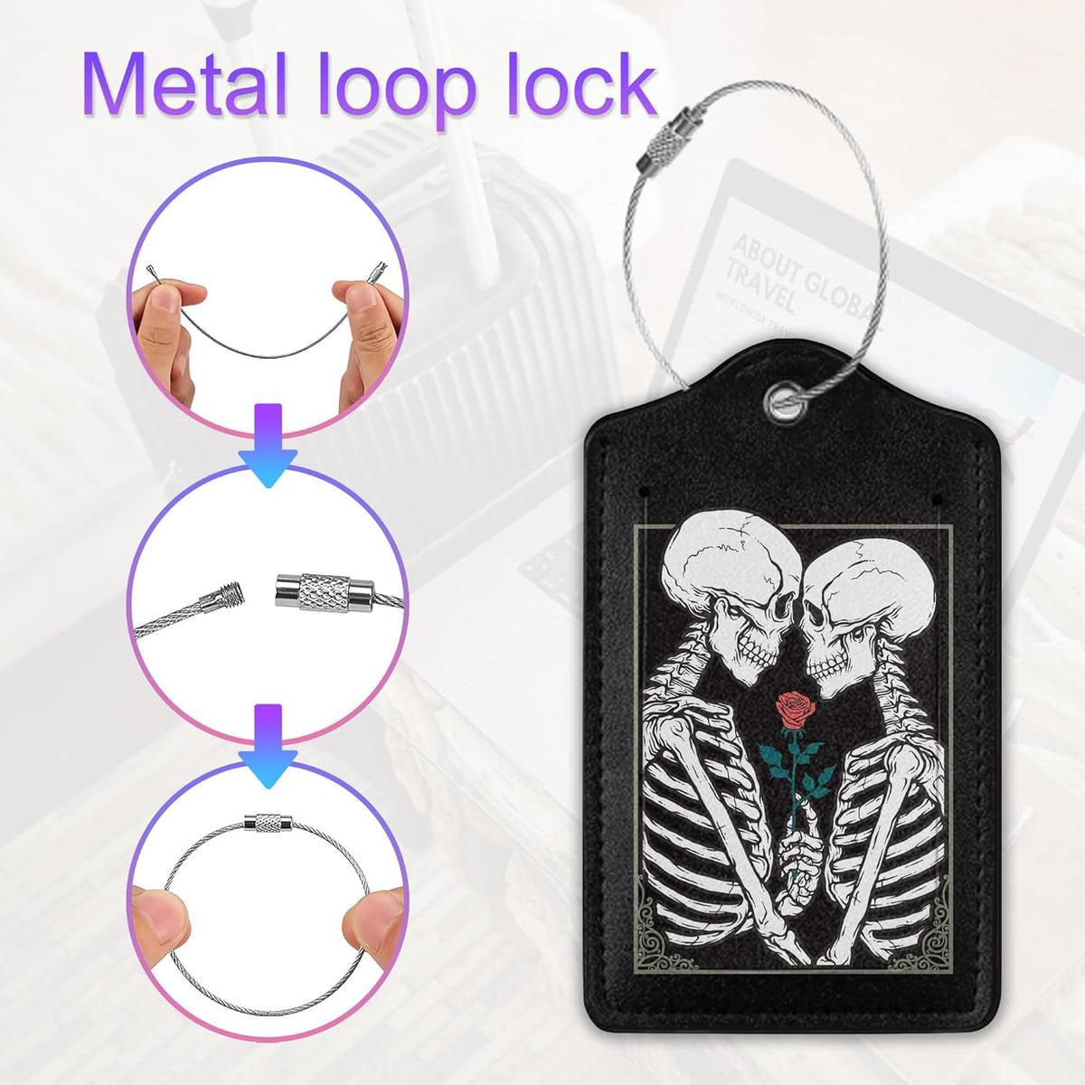 Luggage Tag for Suitcase,Gothic Skull Lovers Rose Unique Travel Tags with Privacy Cover ID Label & Stainless Steel Loop for Men Women