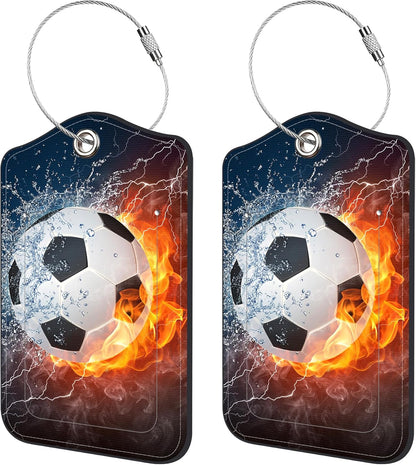2 Pack Luggage Tags for Suitcase,Soccer in Fire and Water PU Leather Idea Baggage Tag with Name Labels Privacy Cover Metal Ring Men and Women Travel Cruise Labels
