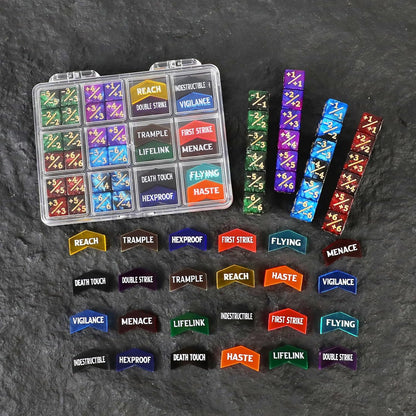 48PCS MTG Tokens & 12mm Dice Counter for Magic The Gatering, MTG Abilities Keyword Buff Tokens Life Counters 6 Sided Dice, Compatible with TCG Card Gaming Accessories CCG Creature Stats