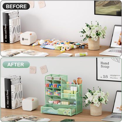 Marbrasse Mesh Pen Holder for Desk, Multi-Functional Pencil Organizer with Drawer, Desk Organizers and Accessories for Office Art Supplies (Green)