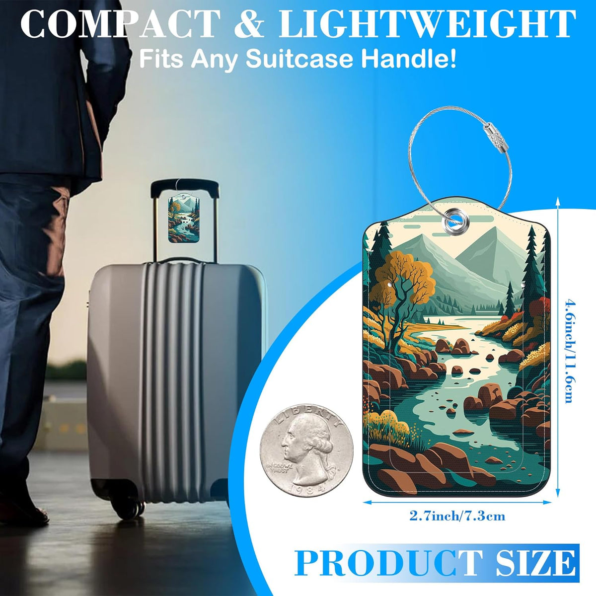 2 Pcs Luggage Tags for Suitcases, Forest River Mountain Leather Bag Tags for Luggage Privacy Cover Name ID Label with Stainless Steel Loop Cruise Airport Travel Essentials