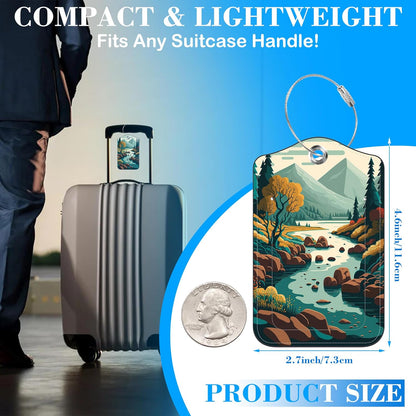 2 Pcs Luggage Tags for Suitcases, Forest River Mountain Leather Bag Tags for Luggage Privacy Cover Name ID Label with Stainless Steel Loop Cruise Airport Travel Essentials