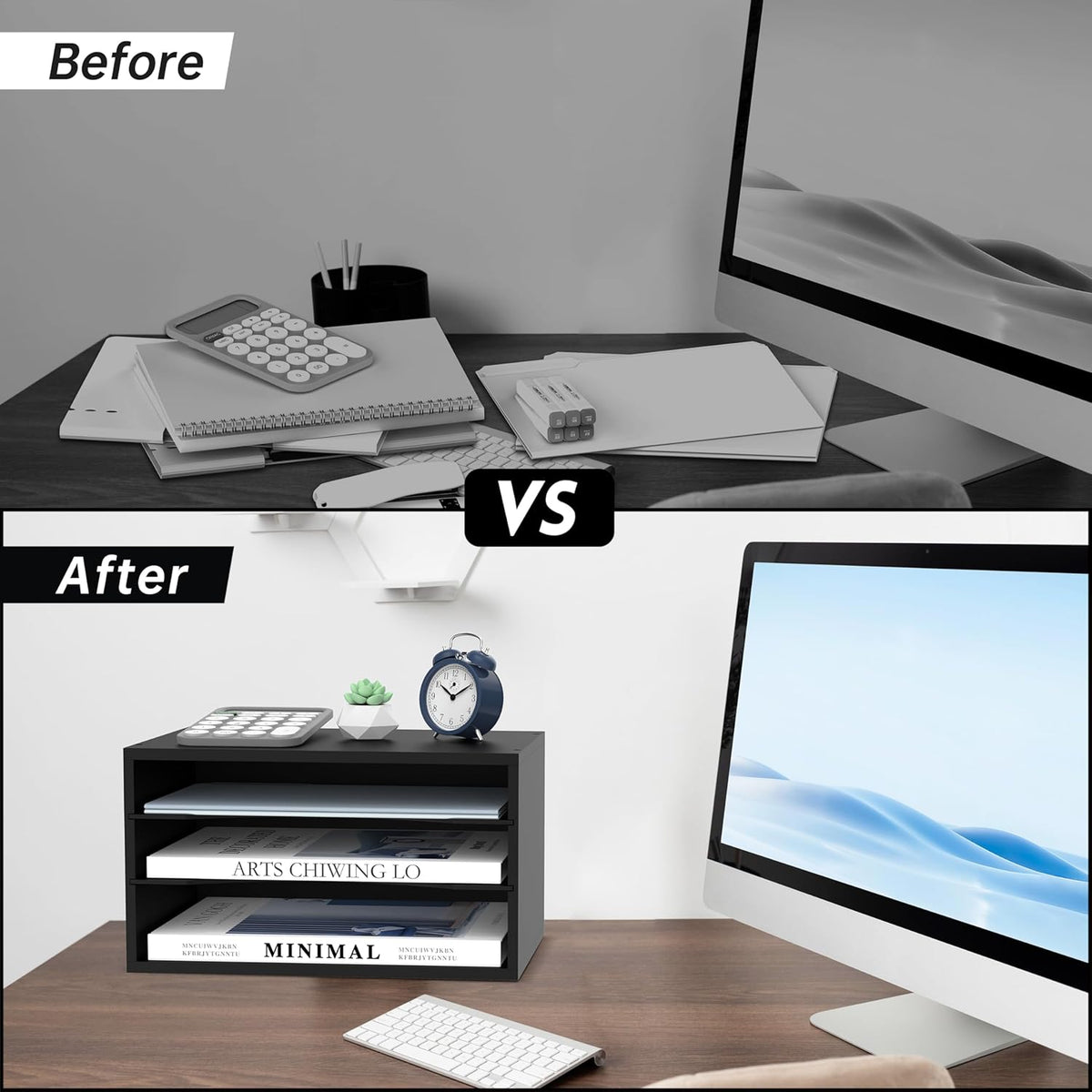 SUPEASY Wooden Desk Organizer - 3 Tier Paper File Organizer for Office, School & Home, Black