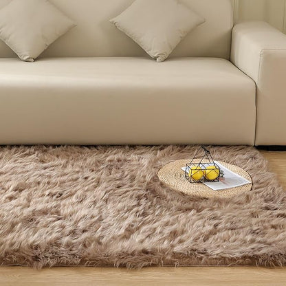 Goolela Faux Fur Rug for Bedroom 3x5 Light Brown Beige Fluffy Furry Fuzzy Sheepskin Rug Bedside Living Room Soft Rectangle