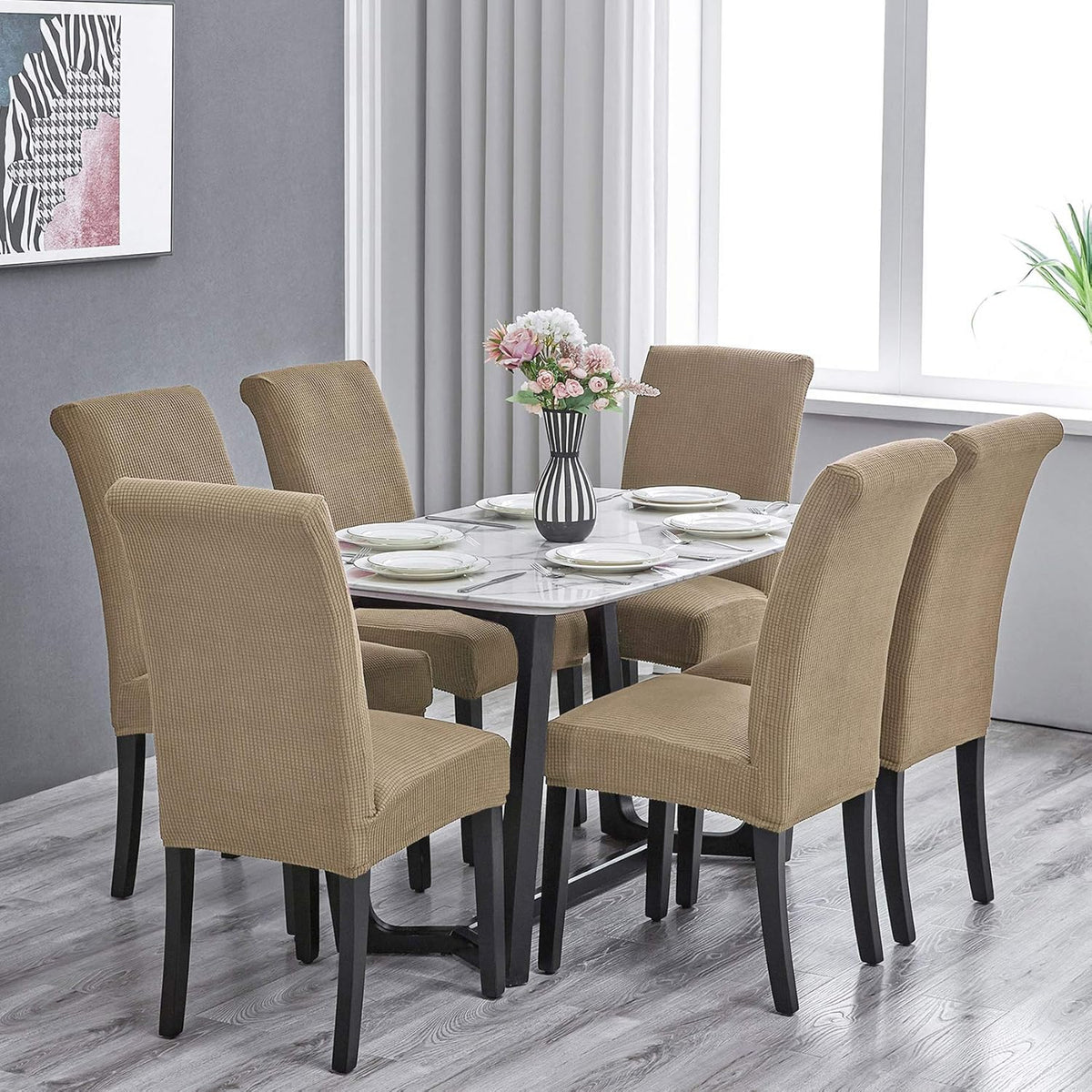 Howhic Stretch Chair Covers for Dining Room Set of 6, Removable Washable Dining Room Chair Covers, Dining Chair Slipcovers Seat Protector, Great Home Decor and Banquet Upholstery (Tan, 6 Pack)