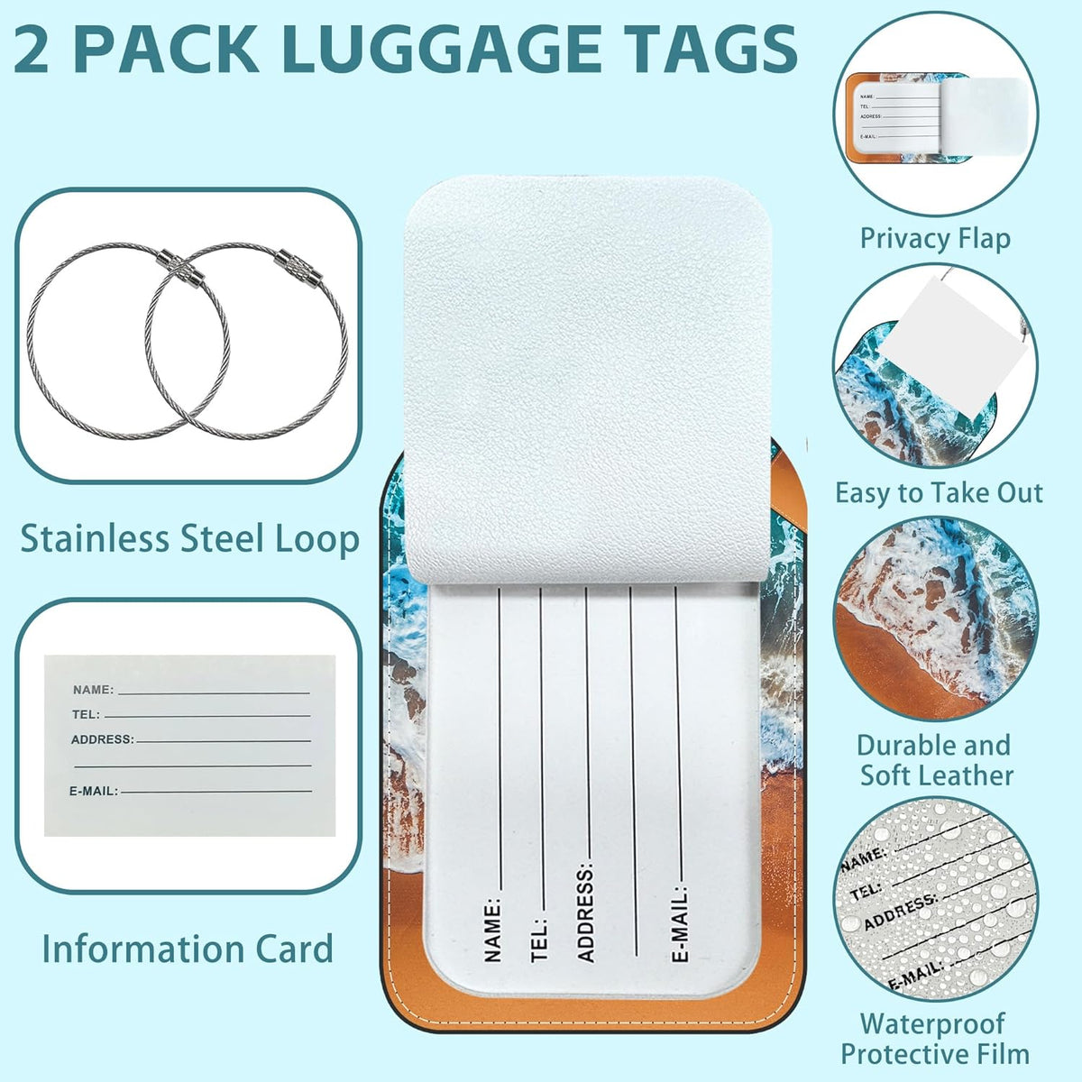 2 Pack Cute Luggage Tag for Suitcases Sandy Beach Wave Leather Luggage Tags with Stainless Steel Loop Privacy Flap Name Tags,Men and Women Travel Bag Suitcase Tags