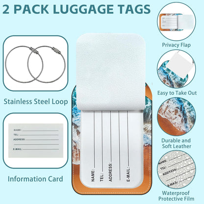 2 Pack Cute Luggage Tag for Suitcases Sandy Beach Wave Leather Luggage Tags with Stainless Steel Loop Privacy Flap Name Tags,Men and Women Travel Bag Suitcase Tags