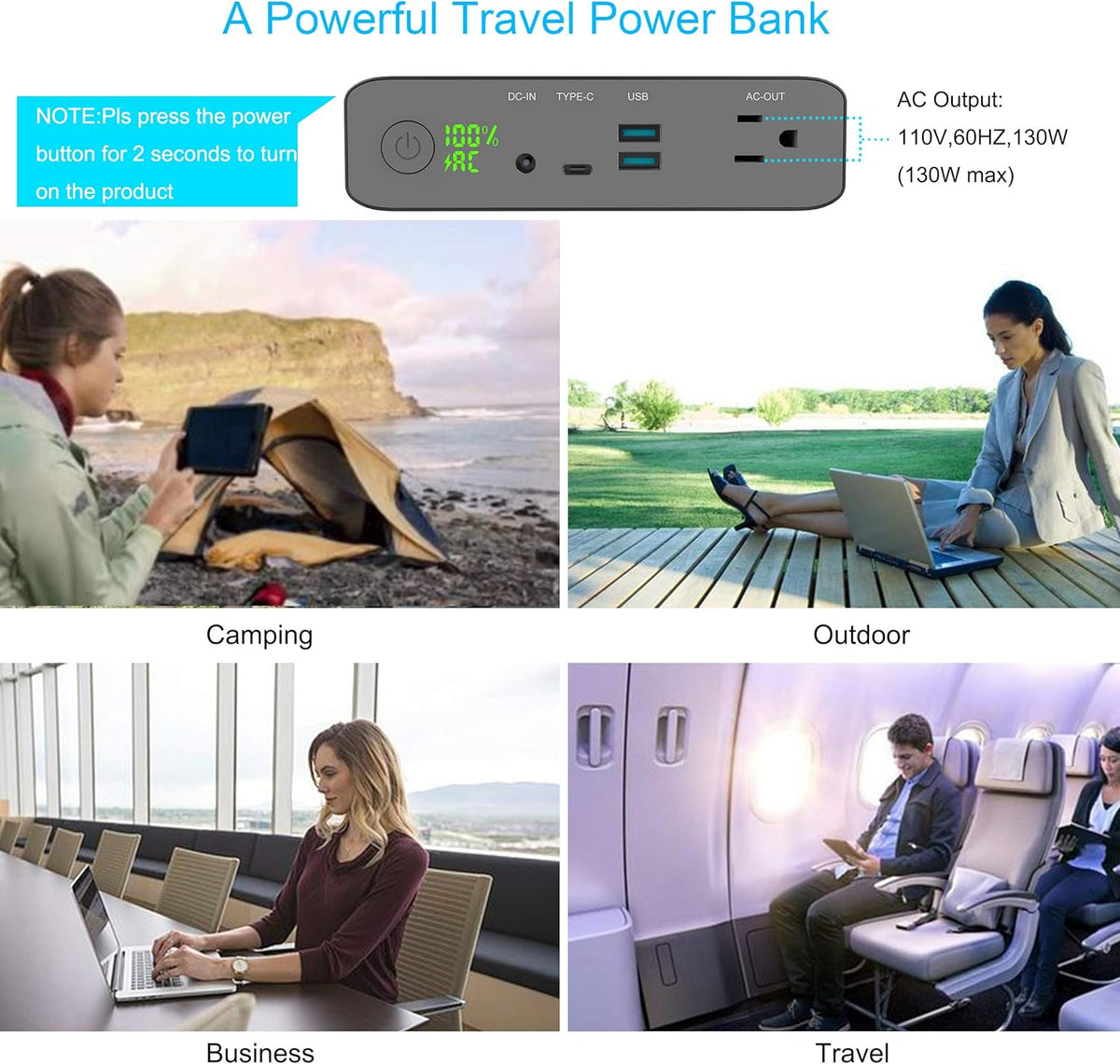 Krisdonia AC Outlet Portable Charger 60000mAh 110V/130W Laptop Power Bank with AC Outlet, 2 USB QC 3.0 and Type-C for Laptop, CPAP, Drone, Projector, Smartphone and Others
