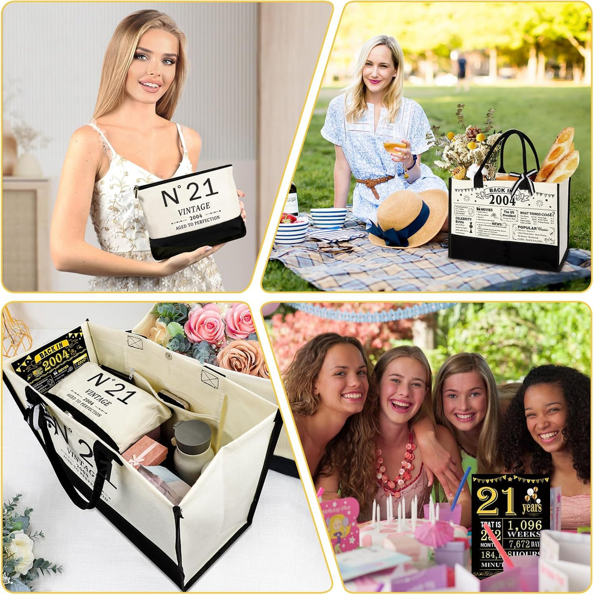 21st Birthday Gifts for Her Canvas Tote Bag Travel Gear, Unique 21 Years Old Gifts for Girlfriend Sister Coworker Friends Classmate Women, Vintage N°21 Handbag & Cosmetic Bag & Back in 2004 Poster