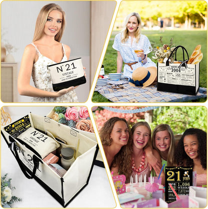 21st Birthday Gifts for Her Canvas Tote Bag Travel Gear, Unique 21 Years Old Gifts for Girlfriend Sister Coworker Friends Classmate Women, Vintage N°21 Handbag & Cosmetic Bag & Back in 2004 Poster