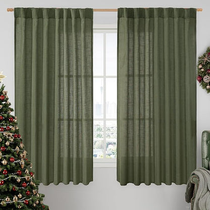 LAMIT Light Filtering Linen Curtains 63 inches Long for Bedroom, Linen Textured Semi Sheer Back Tab and Rod Pocket Olive Green Boho Christmas Drapes for Living Room, 2 Panels, 60 x 63 Inch