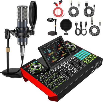 Podcast Equipment Bundle with Live Sound Card Audio Mixer, 3.5mm Condenser Microphone for PC/Phone Streaming and Singing, Podcast Microphone Bundle with Voice Changer sound board