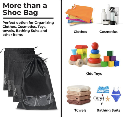 12 PCs Shoe Bags for Travel, Packing, Storage, Organizing & Suitcase. Reusable Dustproof & Water Resistant Sneakers Pouch Protectors with Clear Window & Drawstring. Laundry & Toys (Sand, Gray & Black)
