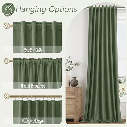 Guken Olive Green 100% Blackout Curtains 108 Inch Length 2 Panels Set for Living Room Bedroom Back Tab Thermal Insulated Black Out Linen Drapes Room Darkening Window Curtains 52x108
