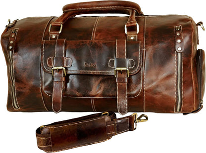 Genuine Full Grain Leather Carry On Travel Bag 21x11x10 with Trolley Straps, Shoe Compartment, Shouler Strap by De Lira