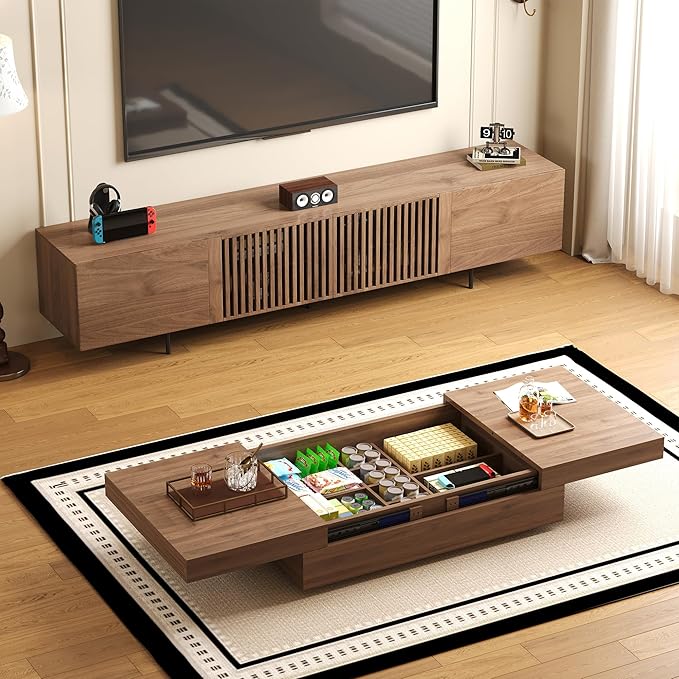 NessCarsti Mid-Century Modern TV Stand & Expandable Coffee Table Set, Walnut
