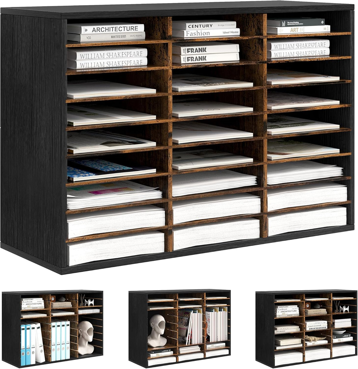Mail Organizer Countertop, 27 Slots Wooden Desk File Literature Sorter, Adjustable Paper Storage Shelves Document Holder, Space Saving Desktop Mailbox for Office Classroom, Black/Rustic Brown