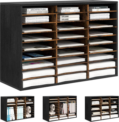 Mail Organizer Countertop, 27 Slots Wooden Desk File Literature Sorter, Adjustable Paper Storage Shelves Document Holder, Space Saving Desktop Mailbox for Office Classroom, Black/Rustic Brown