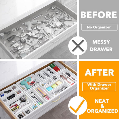 SpaceAid 21-Piece Bamboo Drawer Organizer Storage Boxes Set, Wood Tray Junk Drawer Organizers Multi-Use Divider Bins for Kitchen, Bathroom, Office Desk and Makeup Organization (21 Pack, White)