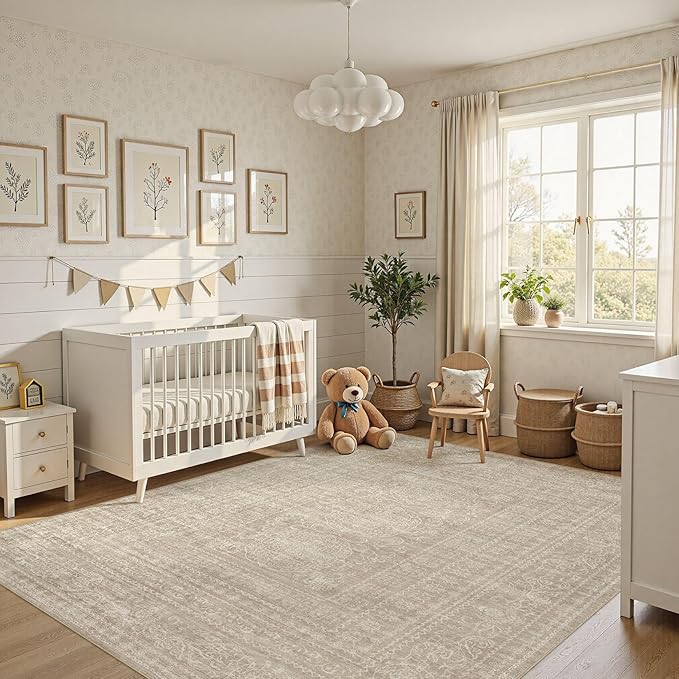 Nakagishi 5x8 Area Rugs Living Room: Washable Large Vintage Rug Neutral Non-Slip Soft Stain Resistant Indoor Carpet for Bedroom Nursery Dining Room Office Playroom - Dark Bown